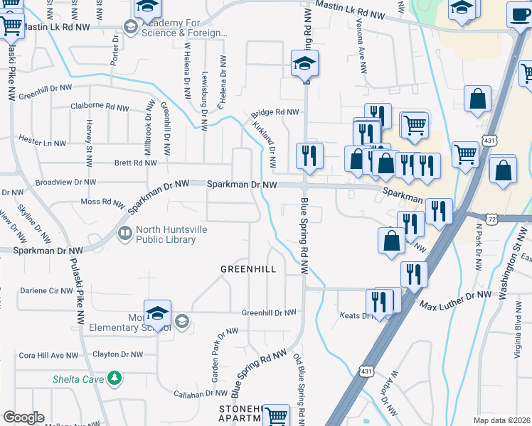 map of restaurants, bars, coffee shops, grocery stores, and more near 2610 Gamma Circle Northwest in Huntsville