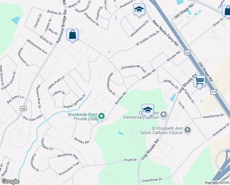 map of restaurants, bars, coffee shops, grocery stores, and more near 111 Meadowbrook Drive in Mauldin