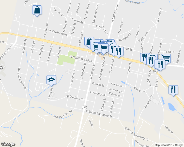 map of restaurants, bars, coffee shops, grocery stores, and more near 303 South College Street in Walhalla