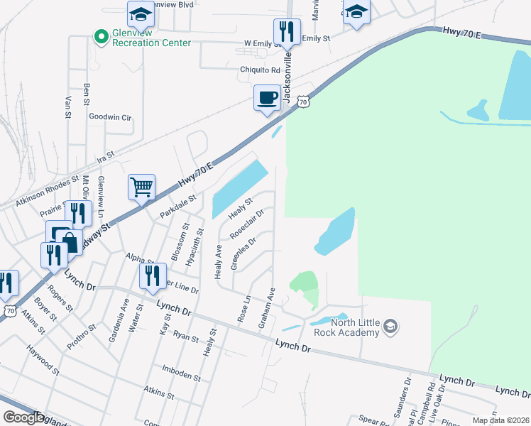 map of restaurants, bars, coffee shops, grocery stores, and more near 1024 Roseclair Drive in North Little Rock