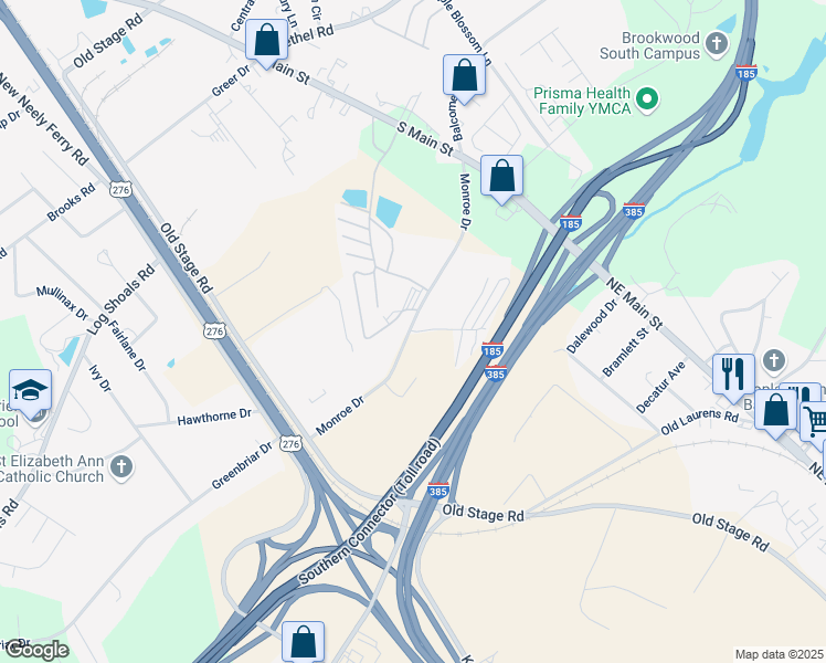 map of restaurants, bars, coffee shops, grocery stores, and more near 106 Church Lane in Simpsonville