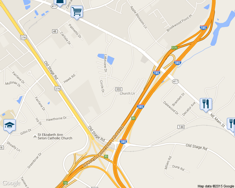 map of restaurants, bars, coffee shops, grocery stores, and more near 106 Church Lane in Simpsonville