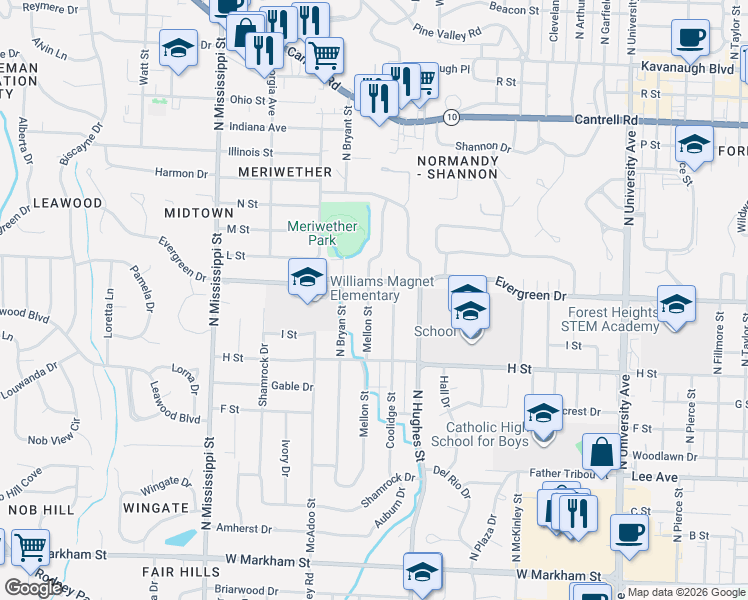 map of restaurants, bars, coffee shops, grocery stores, and more near 1120 Mellon Street in Little Rock