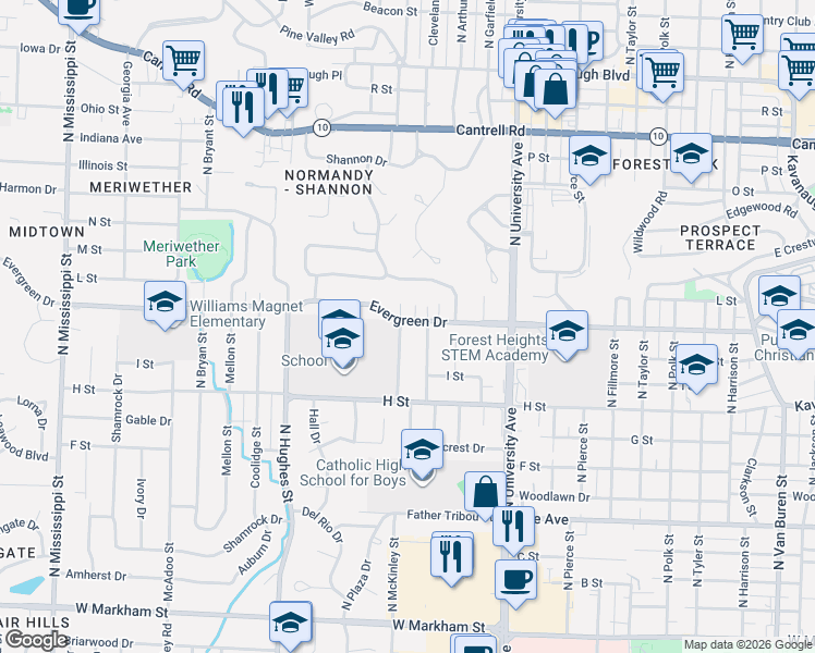 map of restaurants, bars, coffee shops, grocery stores, and more near 7 McKinley Circle in Little Rock