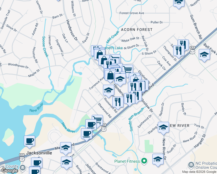 map of restaurants, bars, coffee shops, grocery stores, and more near 205 Henderson Drive in Jacksonville