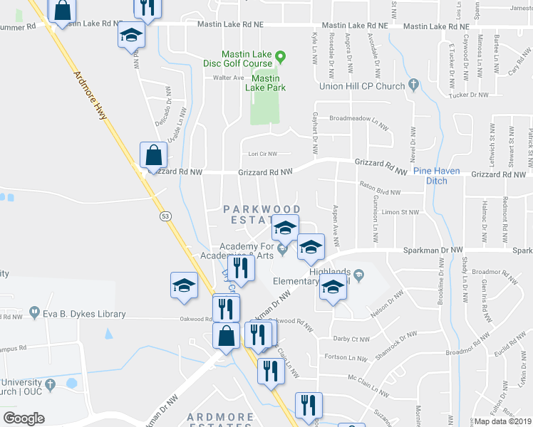 map of restaurants, bars, coffee shops, grocery stores, and more near 2602 Hoffman Drive Northwest in Huntsville