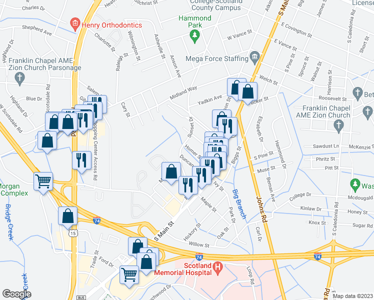 map of restaurants, bars, coffee shops, grocery stores, and more near 221 Homer Street in Laurinburg