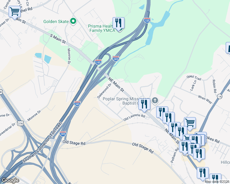 map of restaurants, bars, coffee shops, grocery stores, and more near 103 Dalewood Drive in Simpsonville