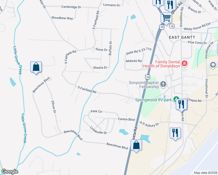 map of restaurants, bars, coffee shops, grocery stores, and more near 425 South Fairfield Road in Greenville