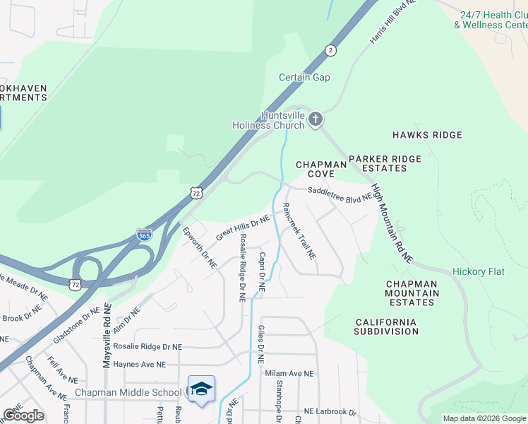 map of restaurants, bars, coffee shops, grocery stores, and more near 2029 Great Hills Drive Northeast in Huntsville