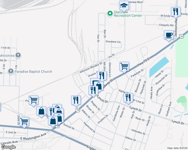 map of restaurants, bars, coffee shops, grocery stores, and more near 304 Plain Street in North Little Rock