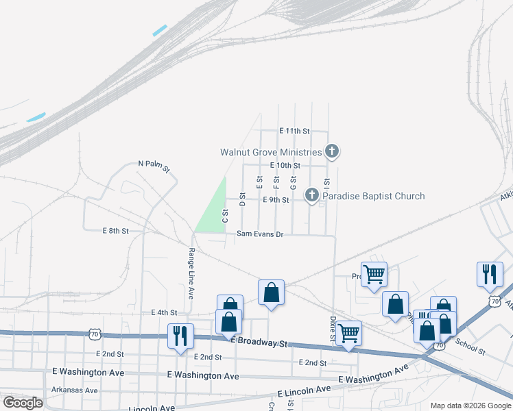map of restaurants, bars, coffee shops, grocery stores, and more near 902 E Street in North Little Rock