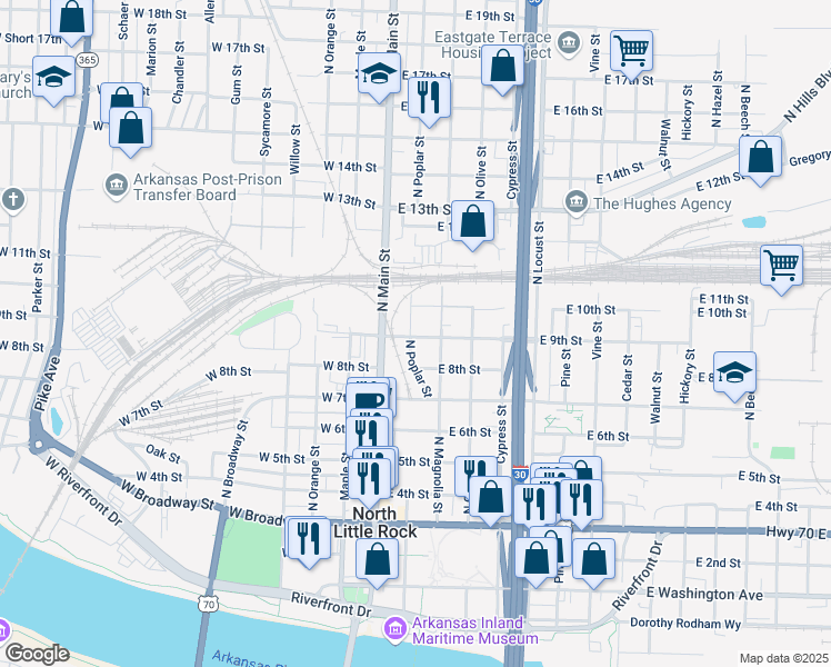 map of restaurants, bars, coffee shops, grocery stores, and more near 910 North Poplar Street in North Little Rock