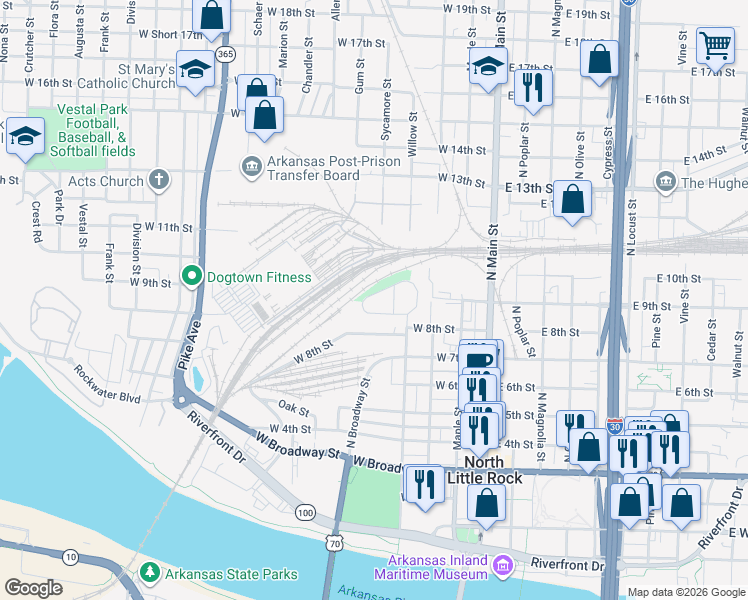 map of restaurants, bars, coffee shops, grocery stores, and more near 181 Melrose Circle in North Little Rock