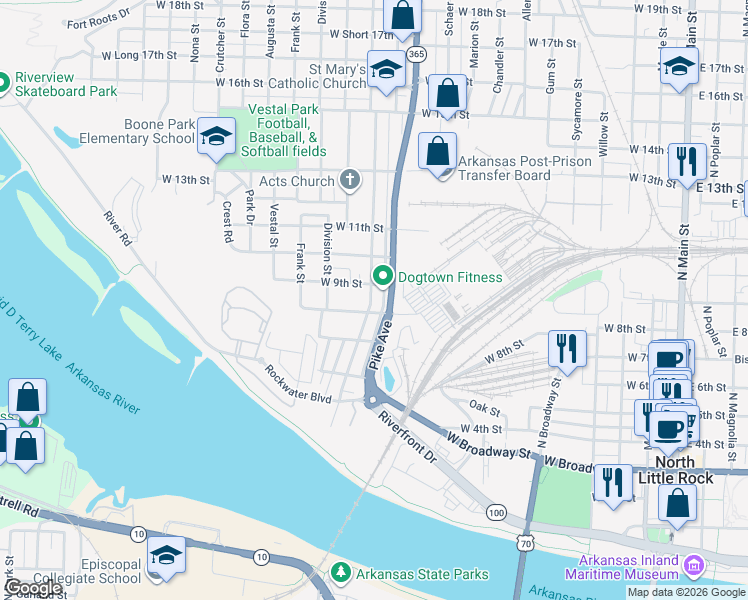 map of restaurants, bars, coffee shops, grocery stores, and more near 825 Pike Avenue in North Little Rock