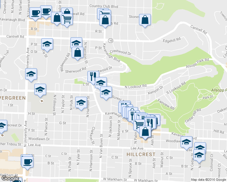 map of restaurants, bars, coffee shops, grocery stores, and more near 4905 North Lookout Road in Little Rock