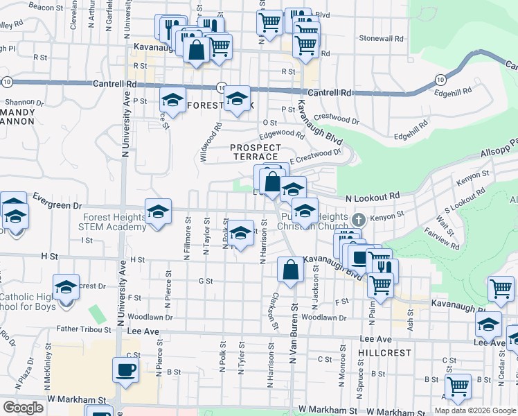 map of restaurants, bars, coffee shops, grocery stores, and more near 1218 North Harrison Street in Little Rock