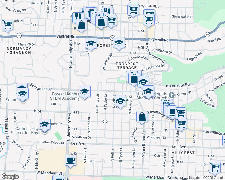 map of restaurants, bars, coffee shops, grocery stores, and more near 1209 North Polk Street in Little Rock
