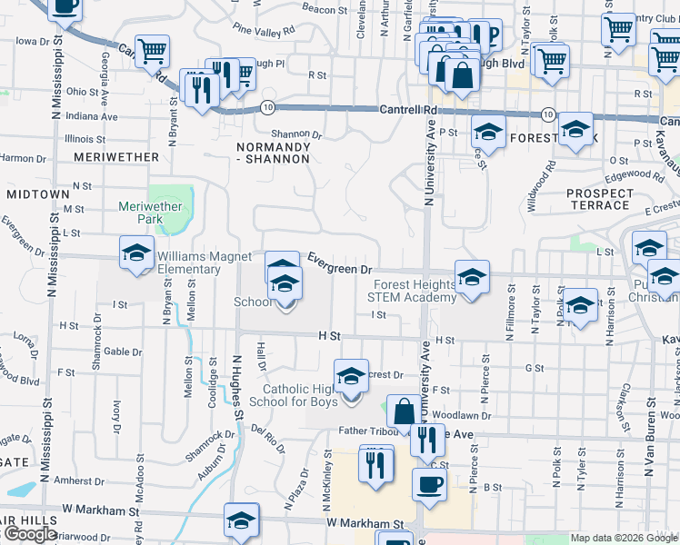 map of restaurants, bars, coffee shops, grocery stores, and more near 7 McKinley Circle in Little Rock