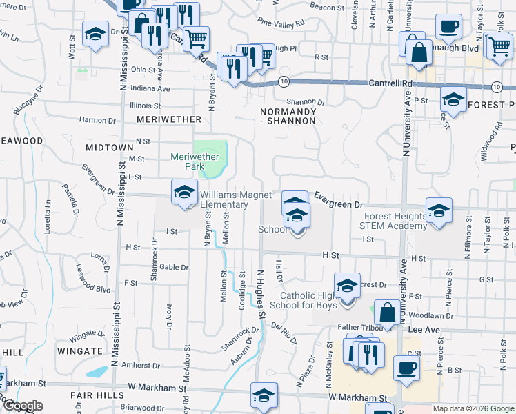 map of restaurants, bars, coffee shops, grocery stores, and more near 6905 Evergreen Drive in Little Rock