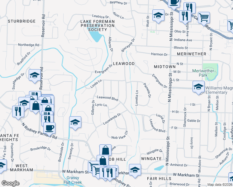 map of restaurants, bars, coffee shops, grocery stores, and more near 1104 Fawnwood Road in Little Rock
