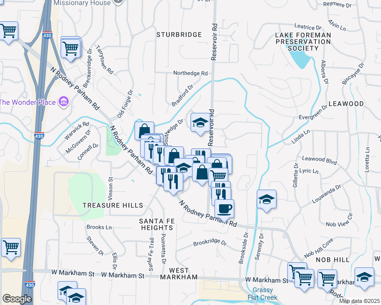 map of restaurants, bars, coffee shops, grocery stores, and more near 6 Towne Park Court in Little Rock