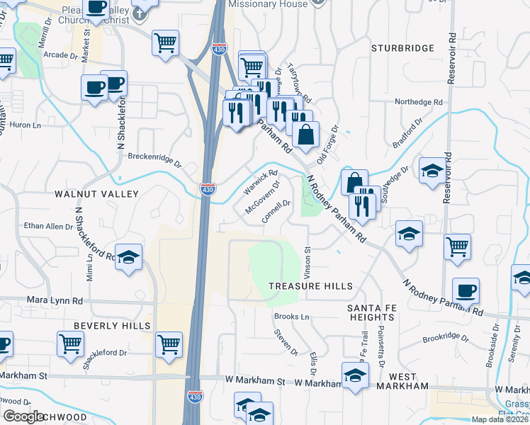 map of restaurants, bars, coffee shops, grocery stores, and more near 10 Connell Drive in Little Rock