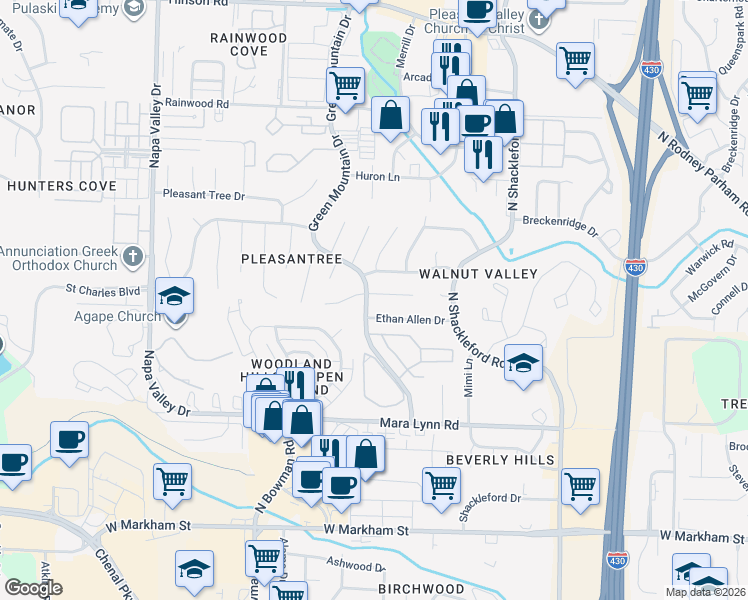 map of restaurants, bars, coffee shops, grocery stores, and more near 11420 East Stoney Point Court in Little Rock