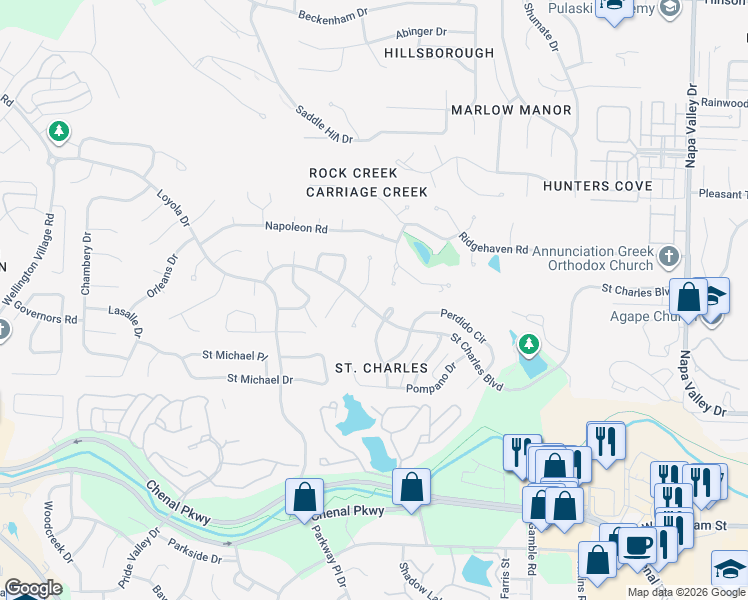 map of restaurants, bars, coffee shops, grocery stores, and more near 13706 Saint Charles Boulevard in Little Rock