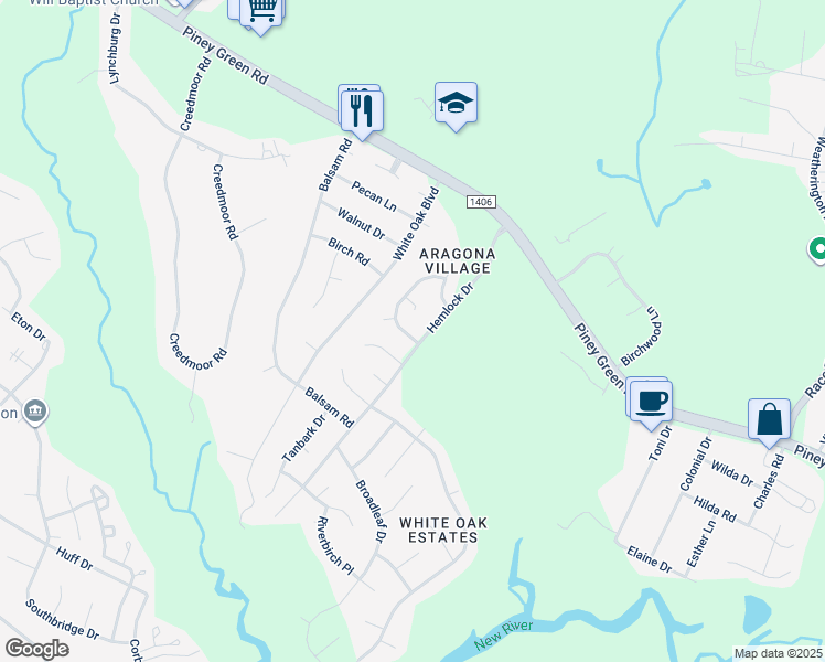 map of restaurants, bars, coffee shops, grocery stores, and more near 335 Mulberry Lane in Jacksonville