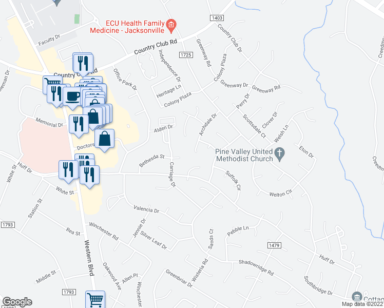 map of restaurants, bars, coffee shops, grocery stores, and more near 122 Archdale Drive in Jacksonville