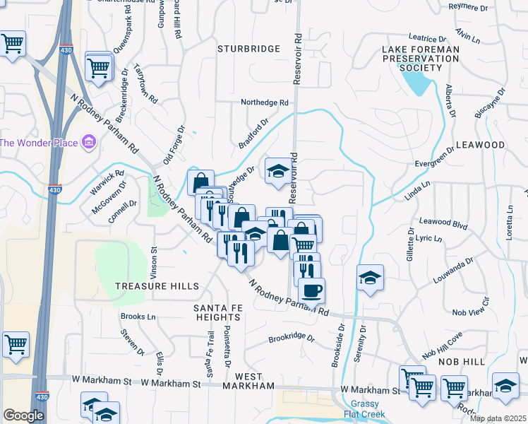 map of restaurants, bars, coffee shops, grocery stores, and more near 8 Towne Park Court in Little Rock
