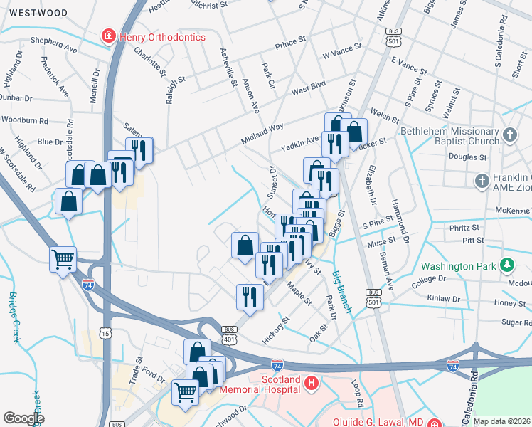 map of restaurants, bars, coffee shops, grocery stores, and more near 308 Homer Street in Laurinburg