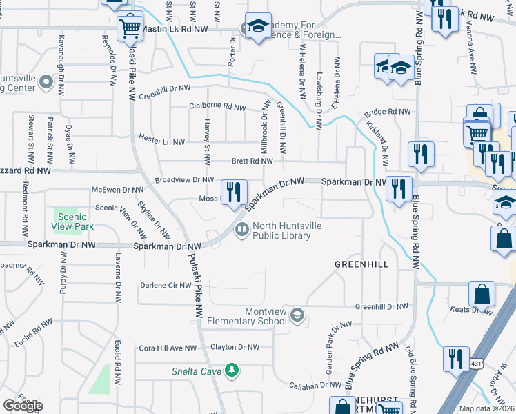 map of restaurants, bars, coffee shops, grocery stores, and more near 2909 Sparkman Drive Northwest in Huntsville