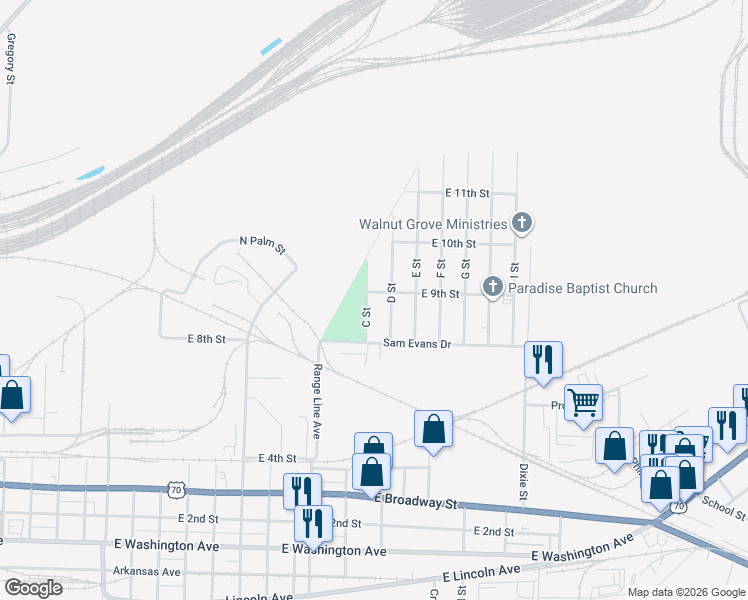 map of restaurants, bars, coffee shops, grocery stores, and more near 901 D Street in North Little Rock