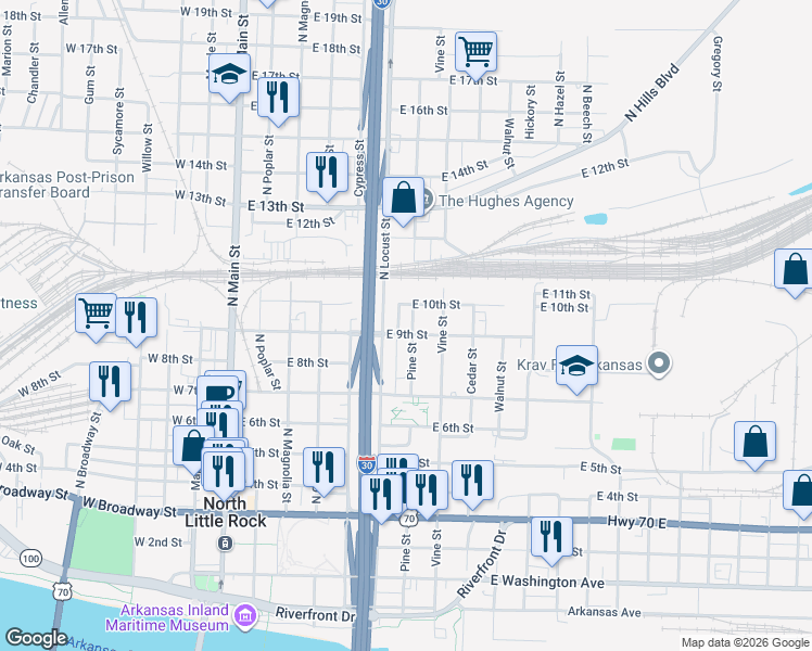 map of restaurants, bars, coffee shops, grocery stores, and more near 912 Campus Street in North Little Rock