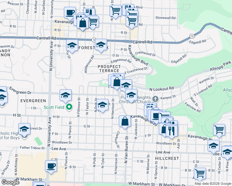 map of restaurants, bars, coffee shops, grocery stores, and more near 3603 Kavanaugh Boulevard in Little Rock