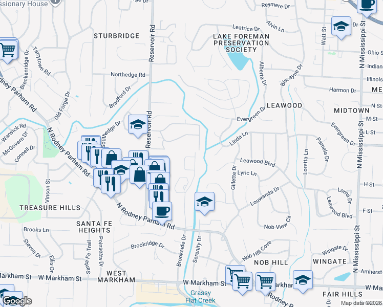 map of restaurants, bars, coffee shops, grocery stores, and more near 1221 Reservoir Road in Little Rock