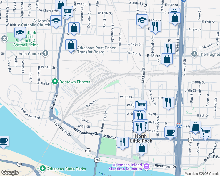 map of restaurants, bars, coffee shops, grocery stores, and more near 181 Melrose Circle in North Little Rock