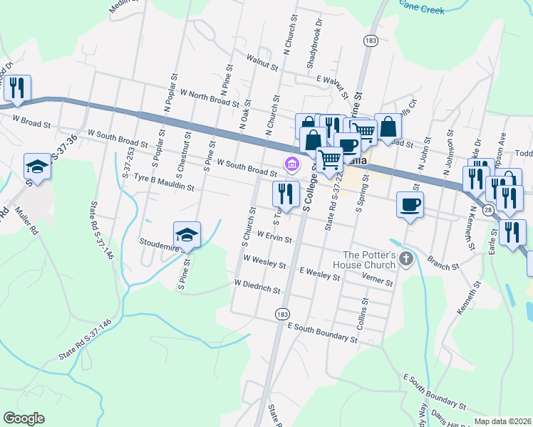 map of restaurants, bars, coffee shops, grocery stores, and more near 208 South Tugaloo Street in Walhalla