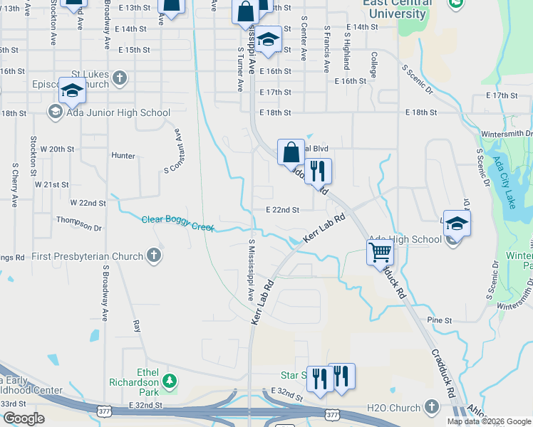 map of restaurants, bars, coffee shops, grocery stores, and more near 730 East 22nd Street in Ada