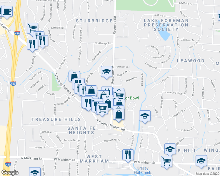 map of restaurants, bars, coffee shops, grocery stores, and more near 16 Towne Park Court in Little Rock