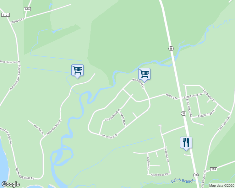 map of restaurants, bars, coffee shops, grocery stores, and more near 306 Woodland Drive in Swansboro