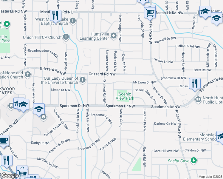 map of restaurants, bars, coffee shops, grocery stores, and more near 2614 Landsdale Drive Northwest in Huntsville