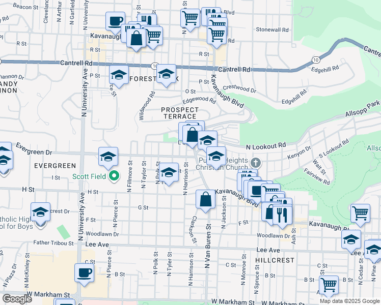 map of restaurants, bars, coffee shops, grocery stores, and more near 3608 Kavanaugh Boulevard in Little Rock