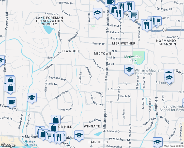 map of restaurants, bars, coffee shops, grocery stores, and more near 23 Pamela Drive in Little Rock