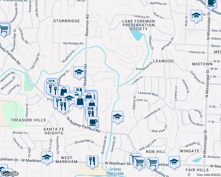 map of restaurants, bars, coffee shops, grocery stores, and more near 1221 Reservoir Road in Little Rock