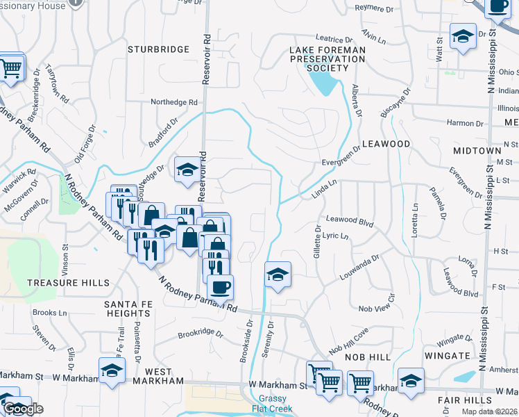 map of restaurants, bars, coffee shops, grocery stores, and more near 1221 Reservoir Road in Little Rock