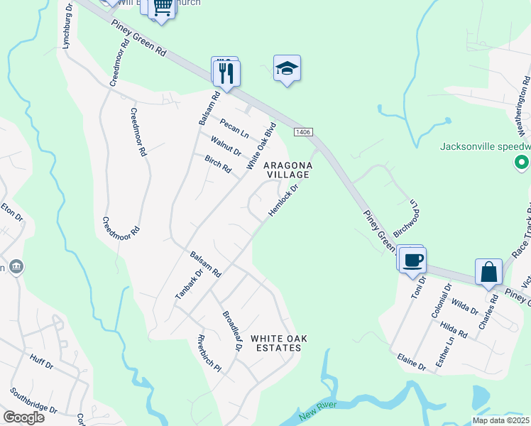 map of restaurants, bars, coffee shops, grocery stores, and more near 212 Hemlock Drive in Jacksonville