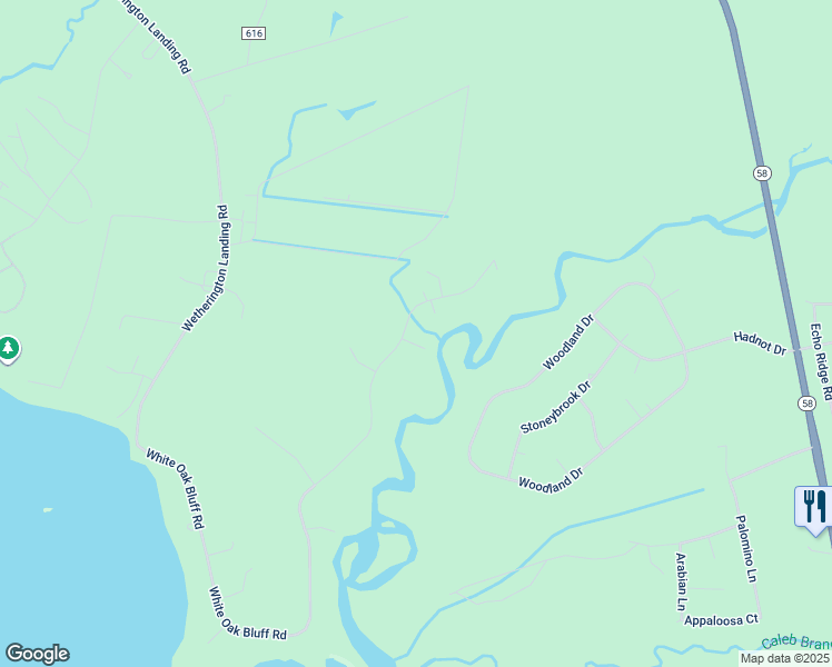 map of restaurants, bars, coffee shops, grocery stores, and more near 250 White Oak Bluff Road in Stella